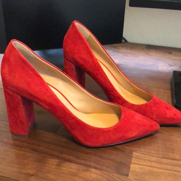 red suede block heels